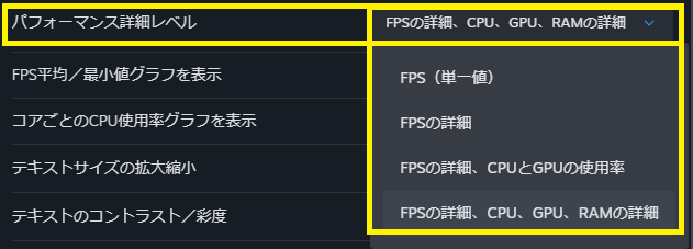 Steam パフォーマンス詳細レベル